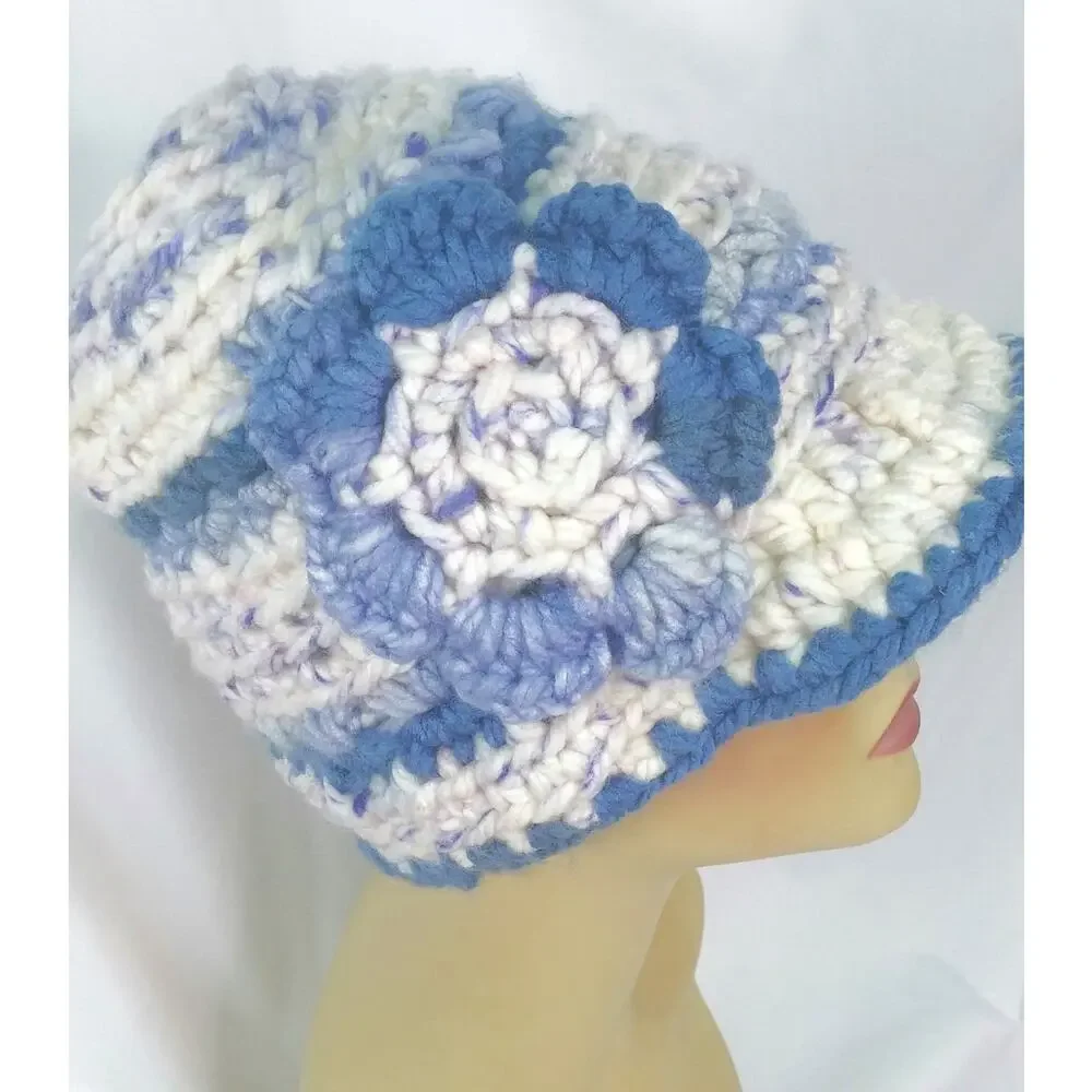 Crochet Newsboy Beanie Brim Handmade Hat Warm Blue Cream Colors Flower Cozy New
